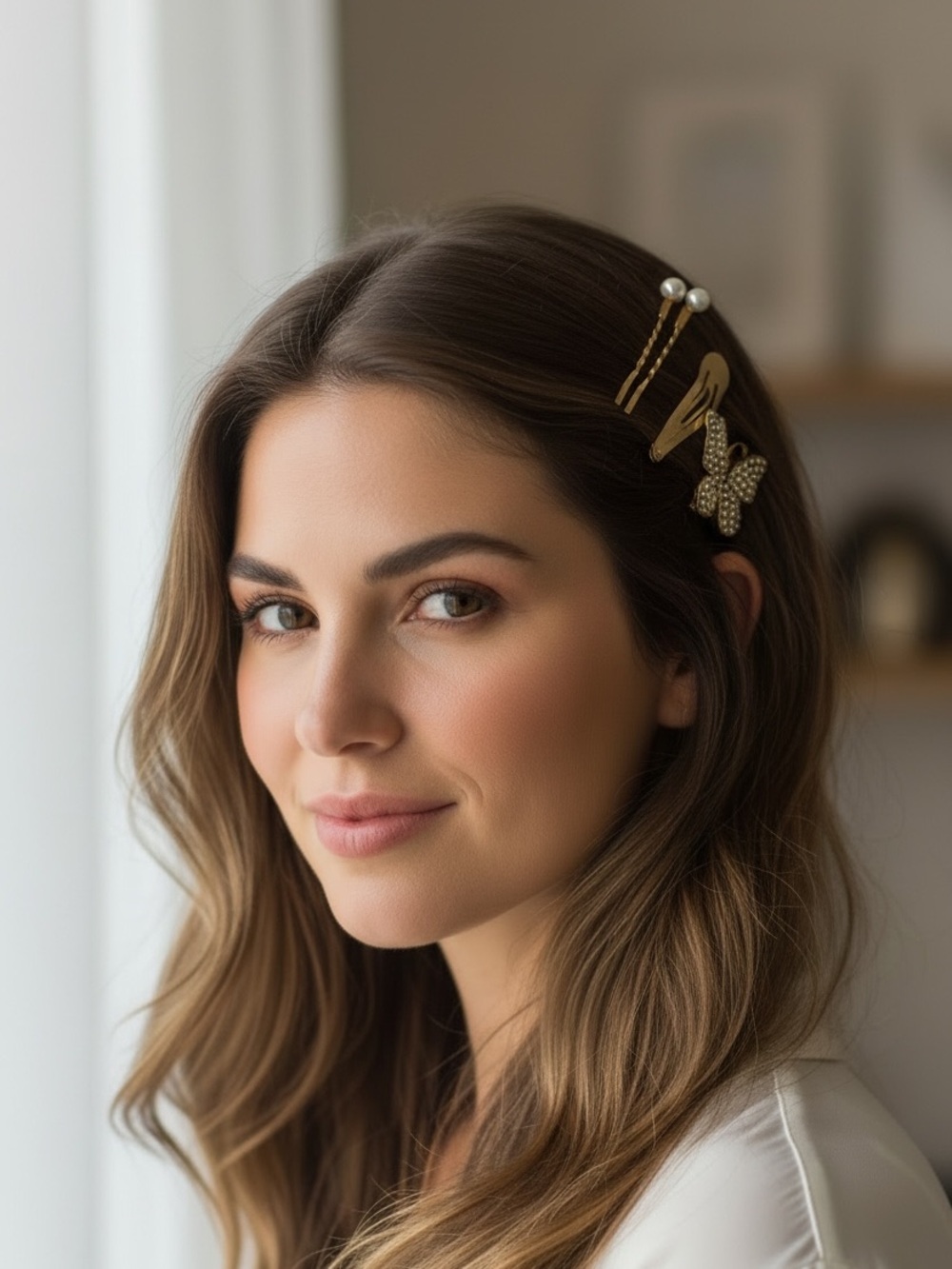 Mint Gold Tone Butterfly and Pearl Hair Clip Set